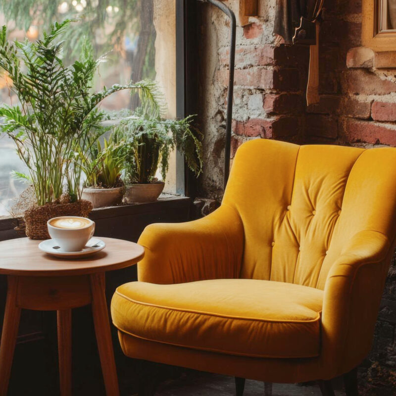 Σύγχρονα έπιπλα εστίασης 2026: Άνετη πολυθρόνα και ξύλινο τραπέζι thesepiplo